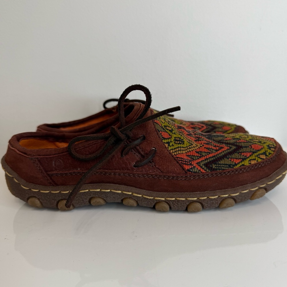 Born Geometric Aztec Tapestry Blanket Leather Mule Clog Women Size 7 Casual Boho - Picture 2 of 10
